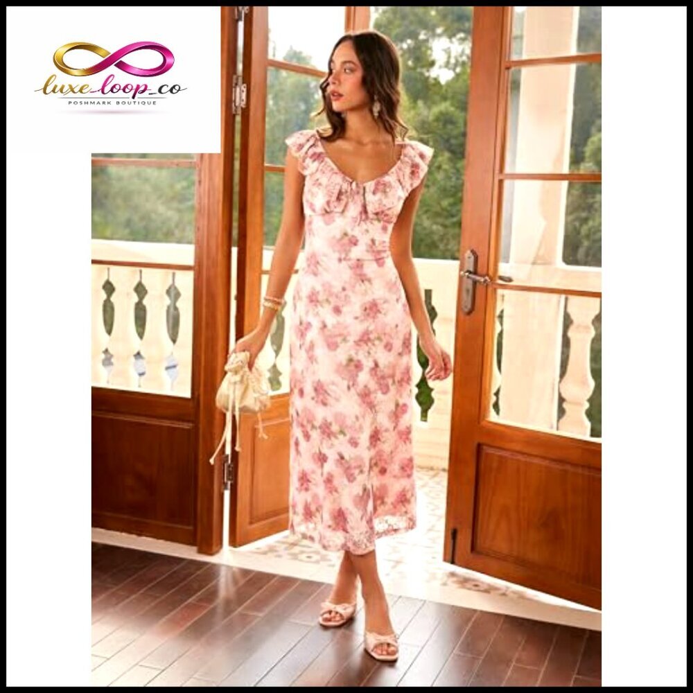 Floral Ruffle V-Neck Maxi Dress Formal Wedding Guest Cocktail Outfit - Picture 2 of 7